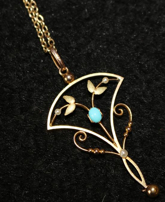 Edwardian gold turquoise- split pearl Art Nouveau pendant, on chain